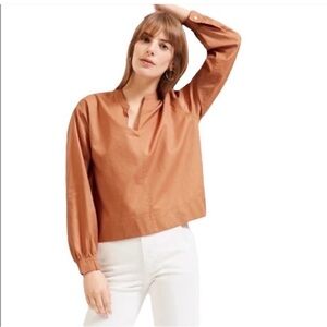 Everlane The Silky Cotton‎ Split-Neck Blouse Oversized Towny Brown size 2